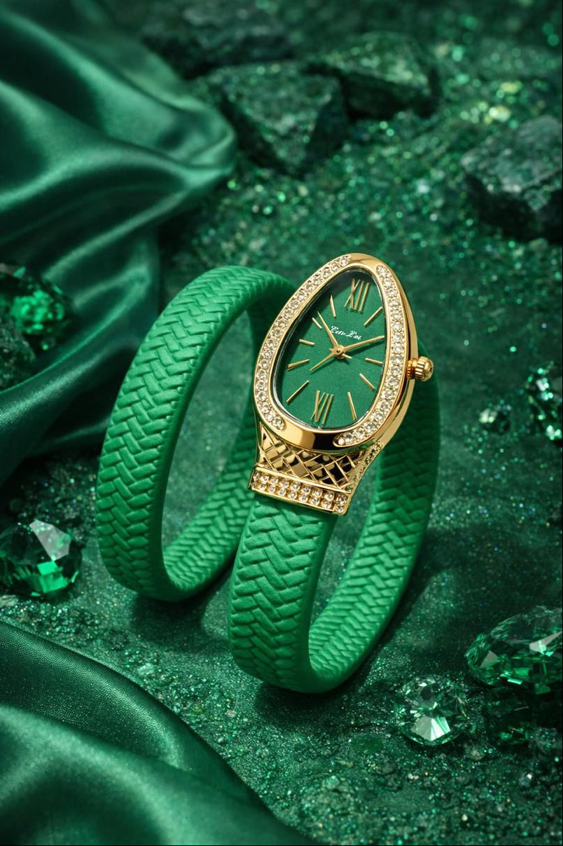 Gold watch with green strap on a green textured background